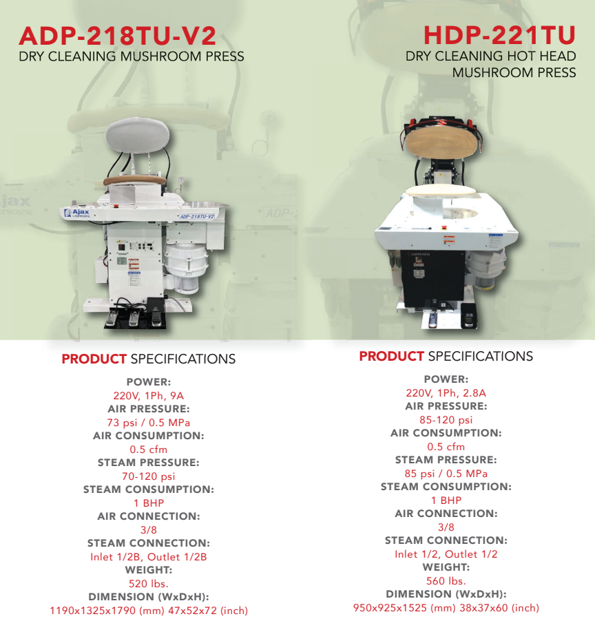 ADP-218TU-V2 solda; HDP-221TU sağda — istehsalçı broşürünün tam səhifəsi