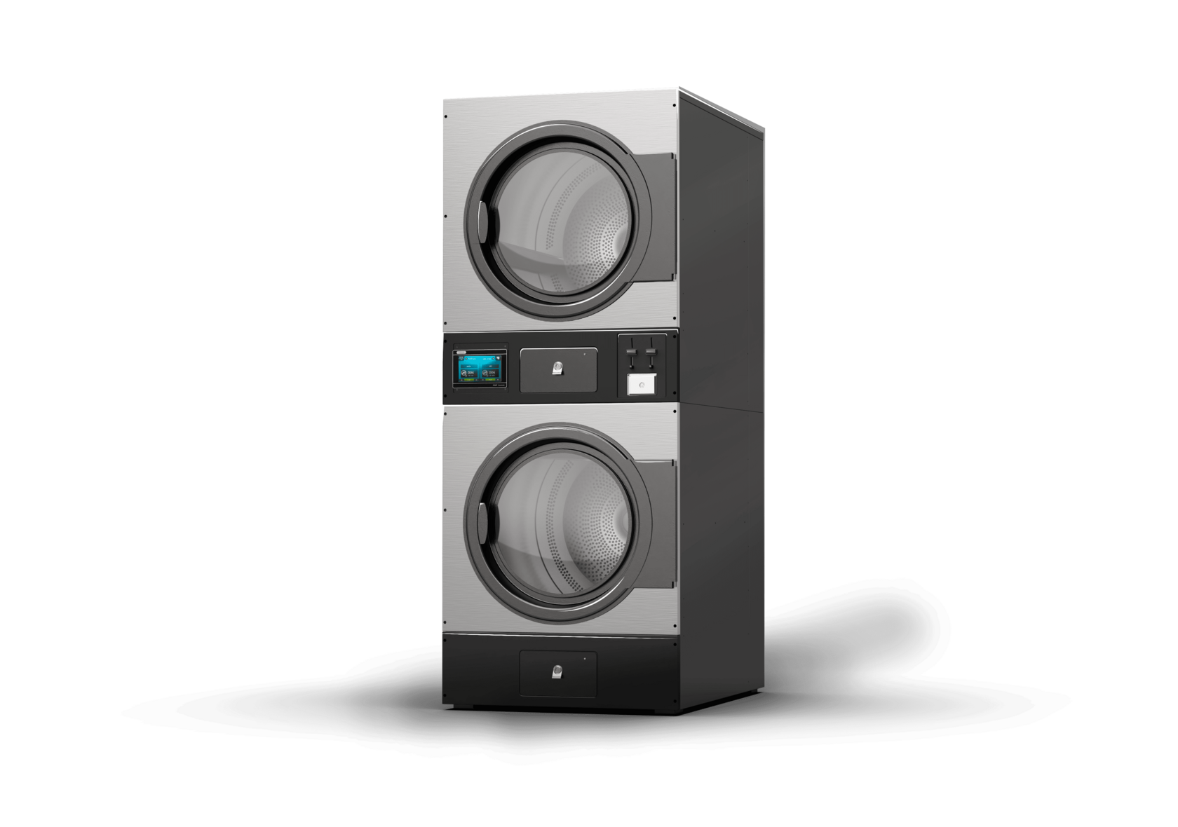 Vertical stacked tumble dryer for professional laundry