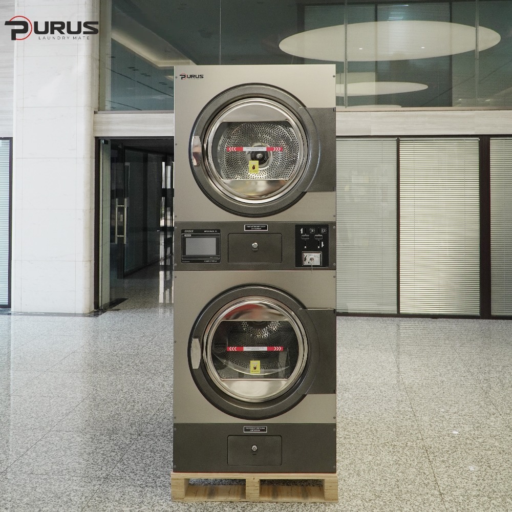 Purus stacked tumble dryer installed in commercial laundry
