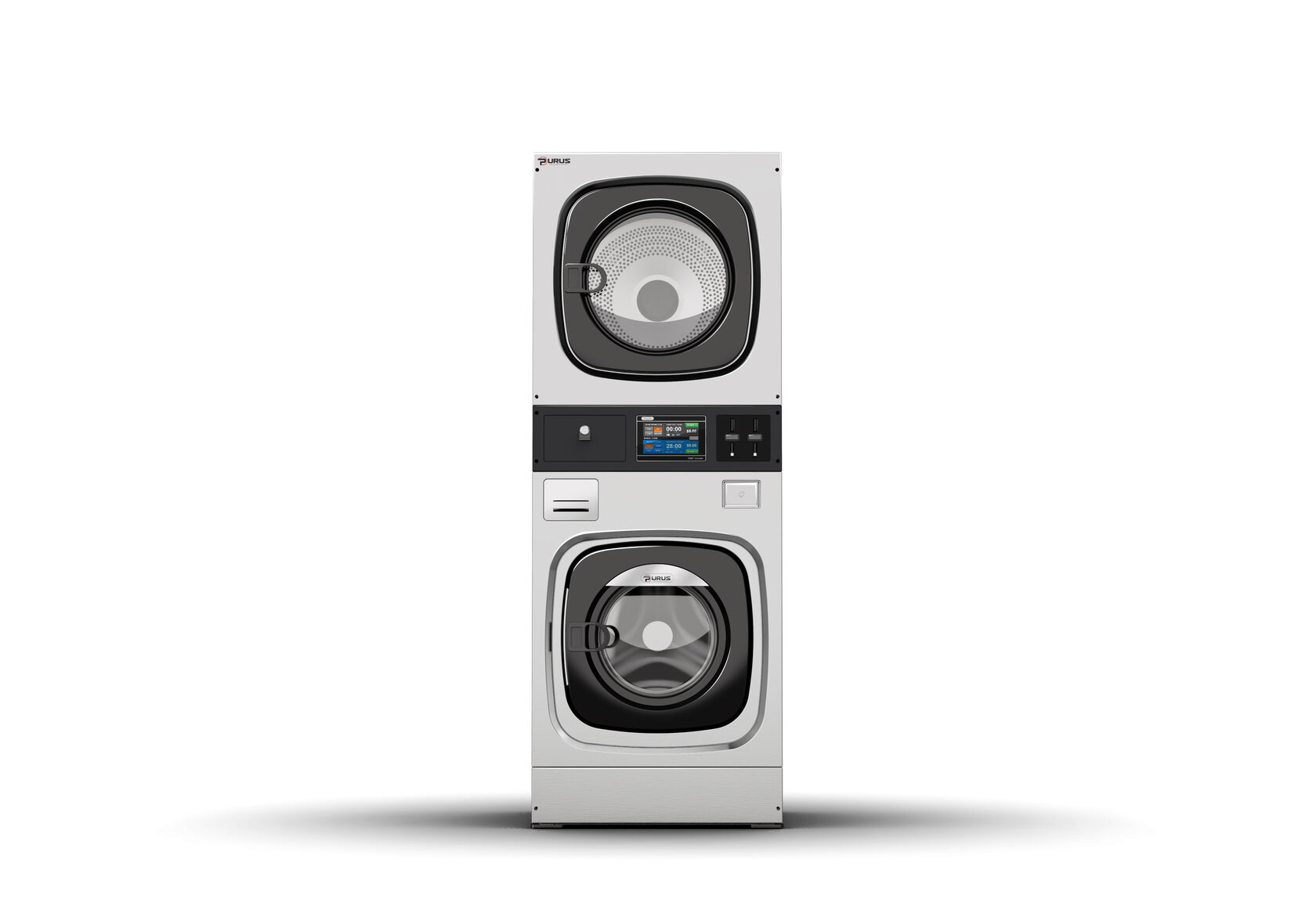 Stacked washer-dryer Purus SXHG-F, front view, stainless steel cabinet