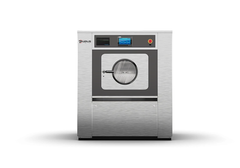 Front loading side of Purus barrier washer extractor for contaminated laundry zone