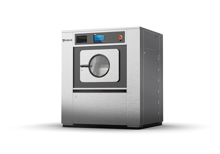 Clean side unloading door of Purus barrier washer extractor for hygienic workflow