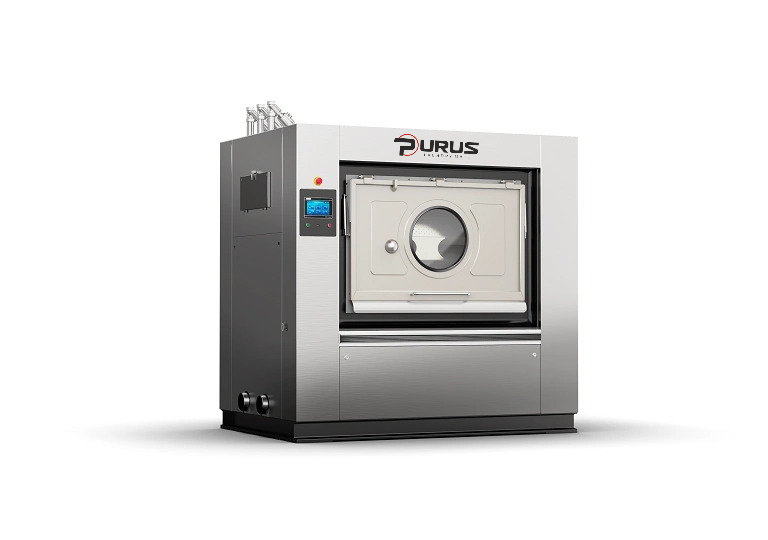 Side view of Purus barrier washer extractor with stainless steel cabinet