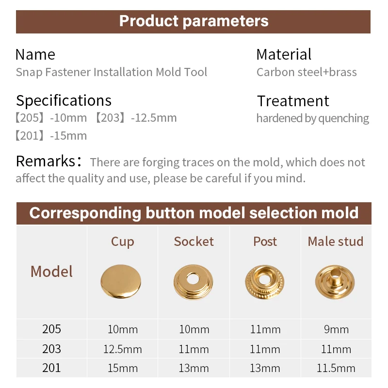 Snap Fastener Buttons Setter Tool Kit Smooth Press Button Manual Installation Mold Black Antirust 10/12.5/15mm | WUTA