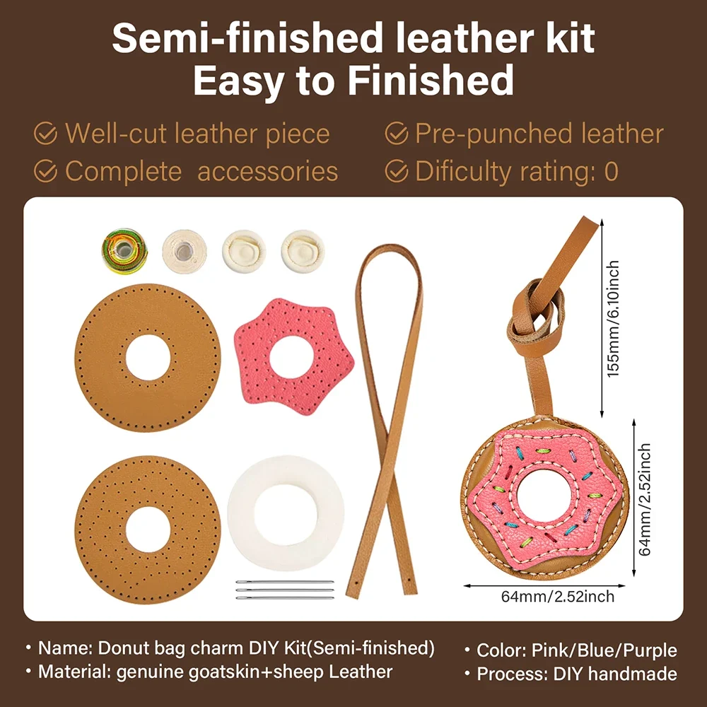Semi-finished Leather Kit for DIY Donut Bag Charm Pendant Material Genuine Leather Bags Pendants Donuts Cute Gift